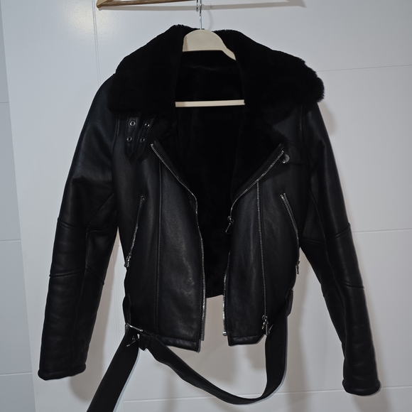Black Merino Shearling Collar Leather Jacket - Women. All Natural
